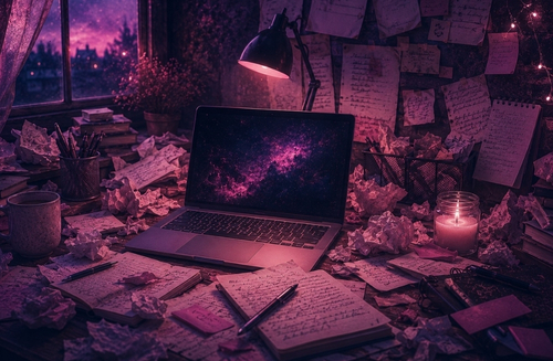 Escritora trabajando en una novela mientras busca su propio método de escritura entre libros y notas.
